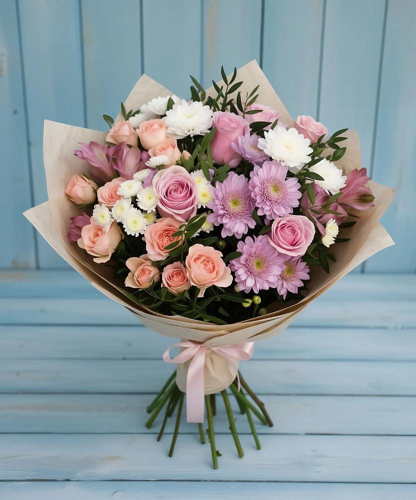 Букет цветов из: Хризантемы, Розы и Альстромерии в Ельдигино