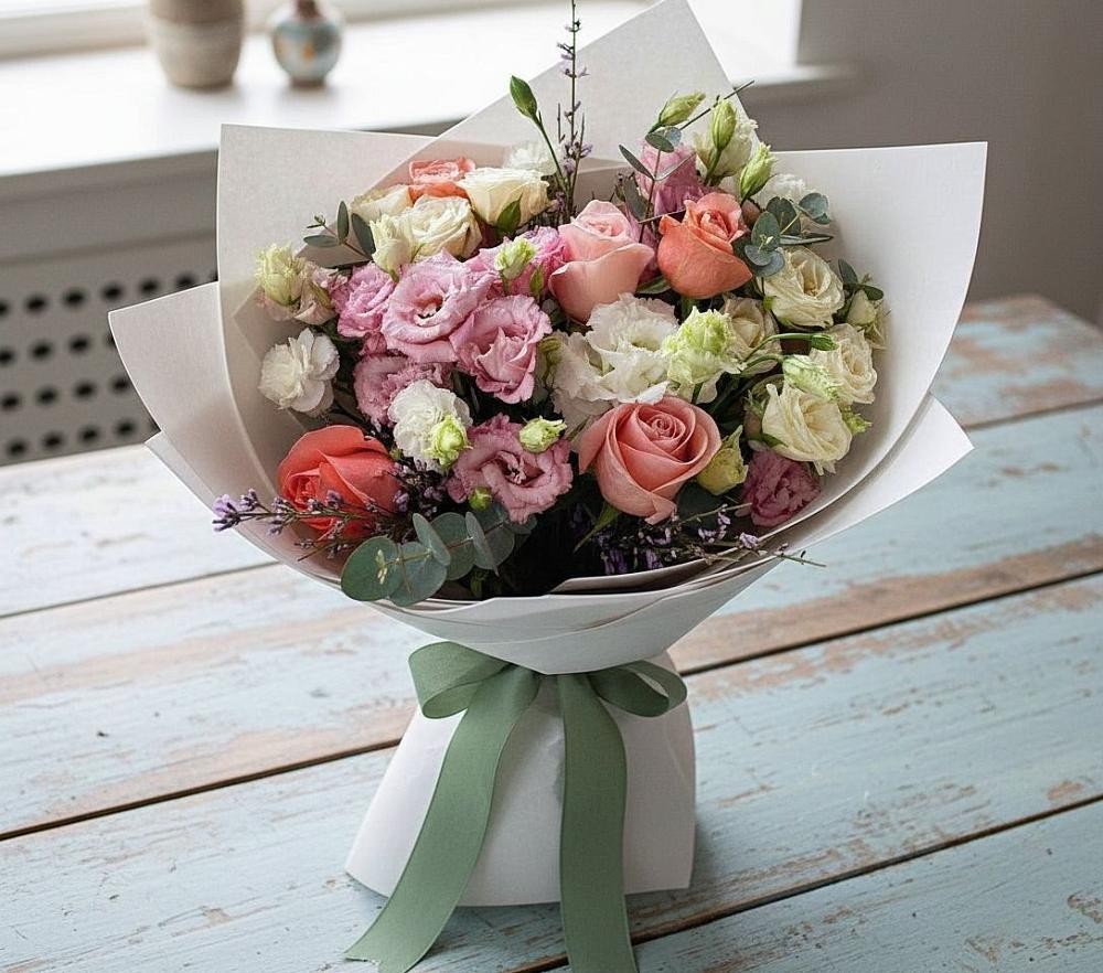 Букет цветов из: Розы, Лизиантусы и Гвоздики в Ельдигино