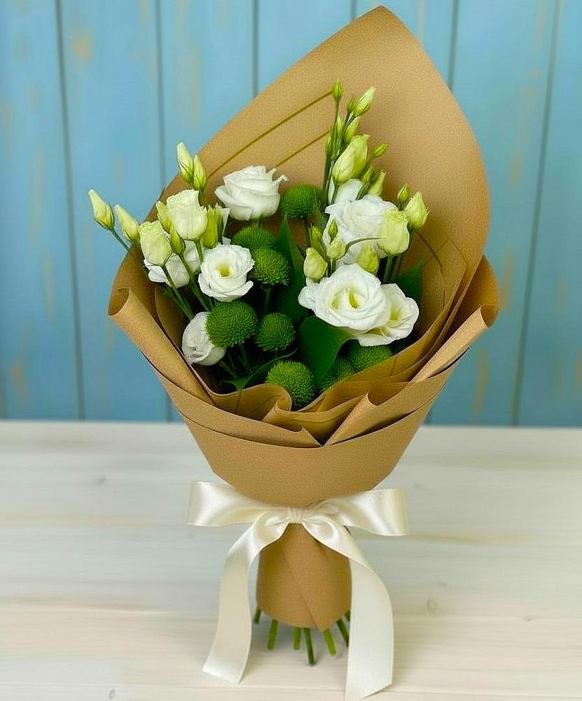 Букет цветов из: Хризантемы и Лизиантусы в Ельдигино