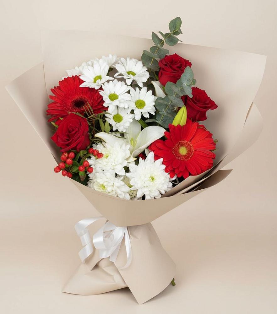 Букет цветов из: Розы, Хризантемы, Герберы и Лилии в Ельдигино