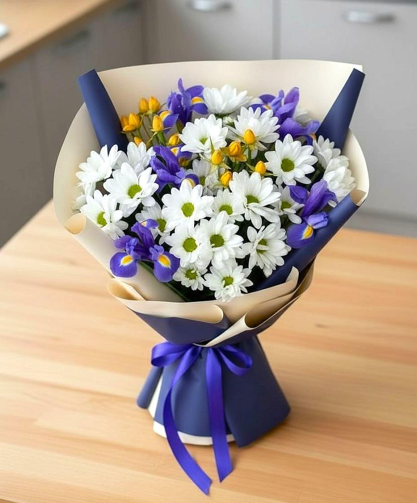 Букет цветов из: Розы, Ирисы и Хризантемы в Ельдигино