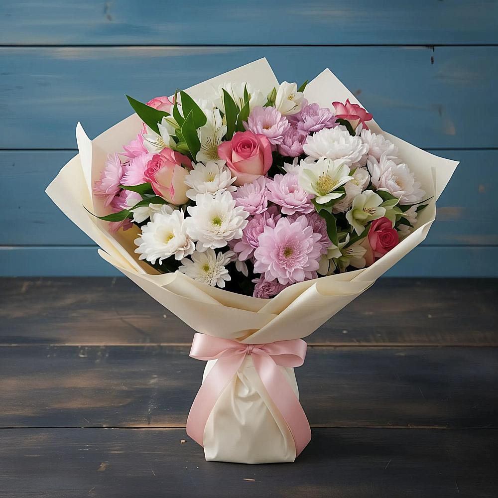 Букет цветов из: Хризантемы, Альстромерии и Розы в Ельдигино